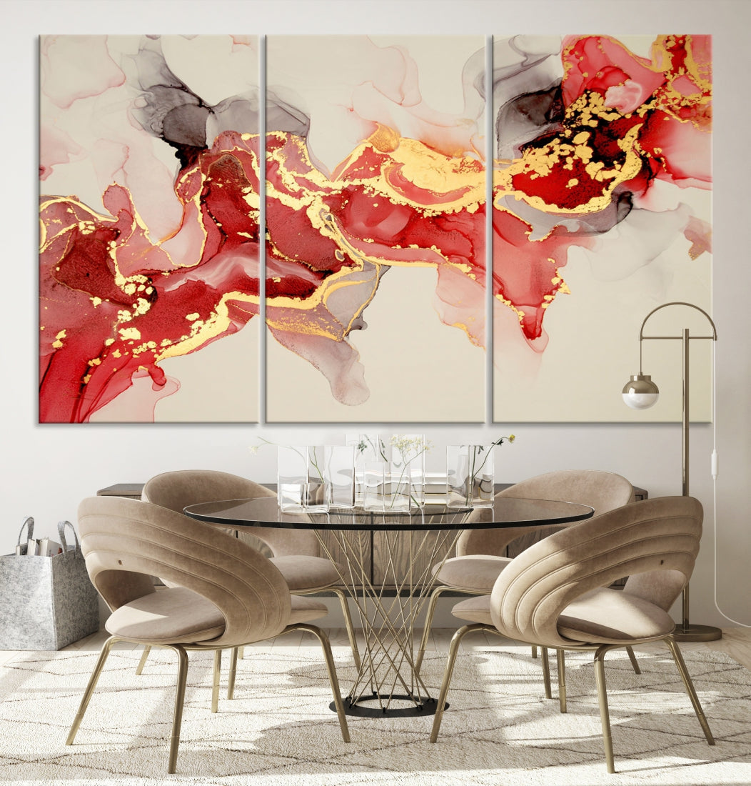 Contemporary Red Gold Abstract Painting on Canvas Print Framed Wall Decor