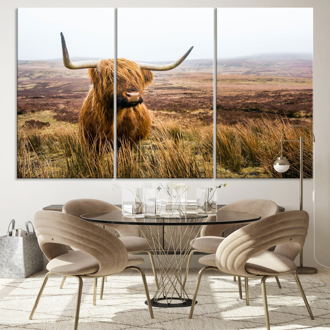 Highland Cow Canvas Wall Art Print Mountain Landscape Animal Canvas Art Home Office Decor Artwork for Living Room Framed and Stretched Ready to Hang Split Art Large Canvas Picture