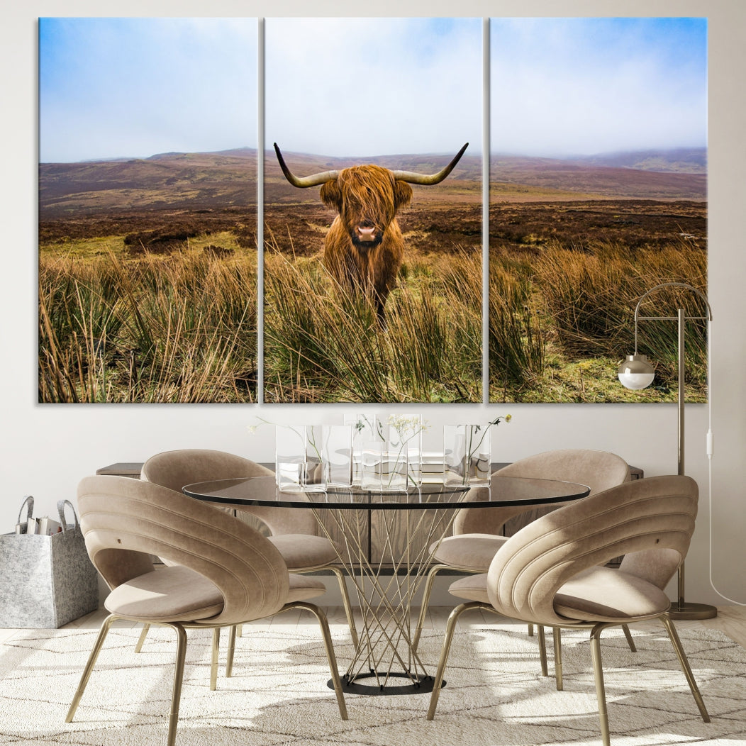 Highland Cow with Beautiful Landscape Canvas Wall Art Print Large Animal Art Print Farmhouse Ranch Farm Decor Cute Animals Cow Print Framed Ready to Hang Original Canvas Artwork