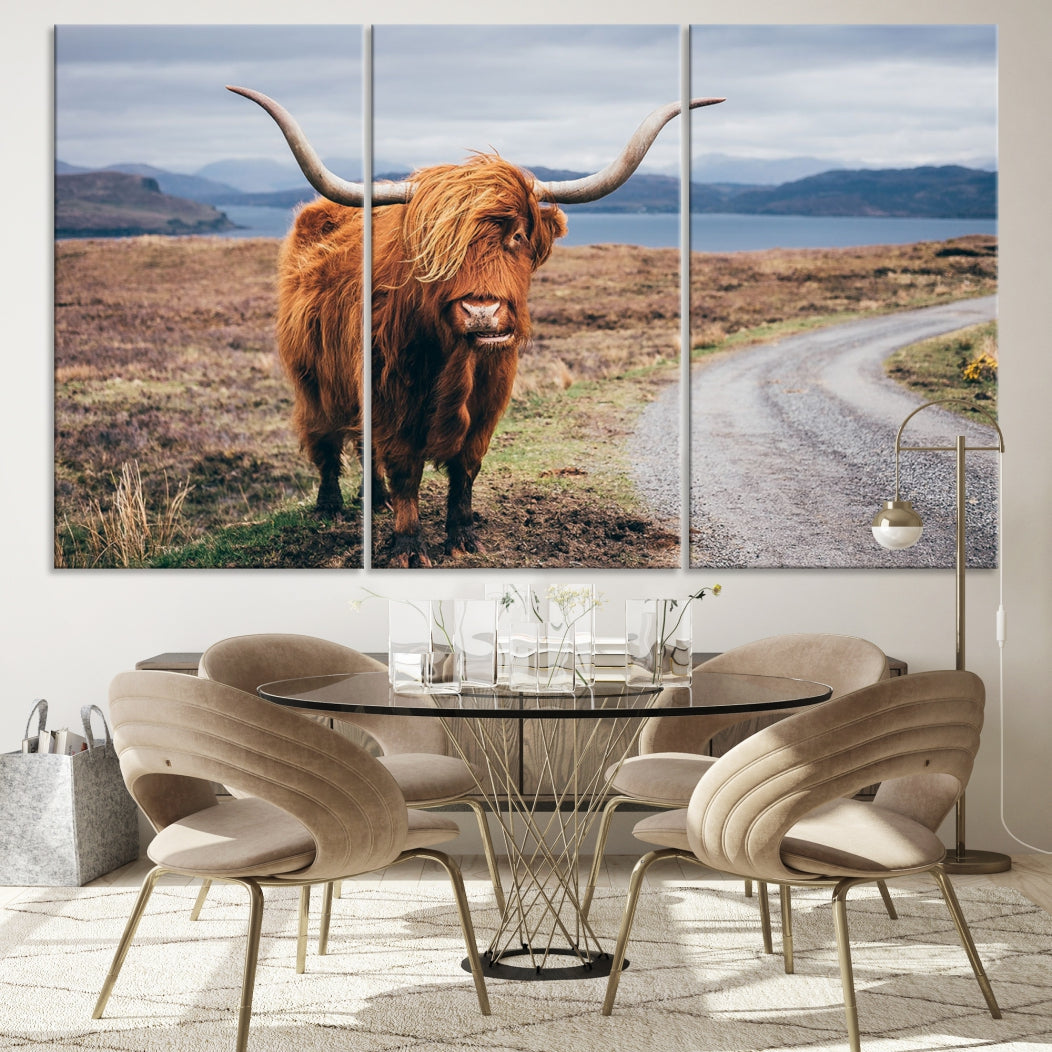 Highland Cow with Big Horn Canvas Wall Art Animal Photo Print Wall Decor