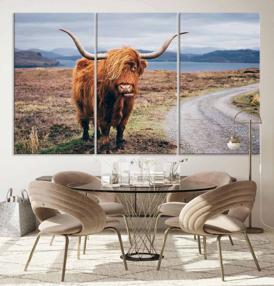 Highland Cow with Big Horn Canvas Wall Art Animal Photo Print Wall Decor
