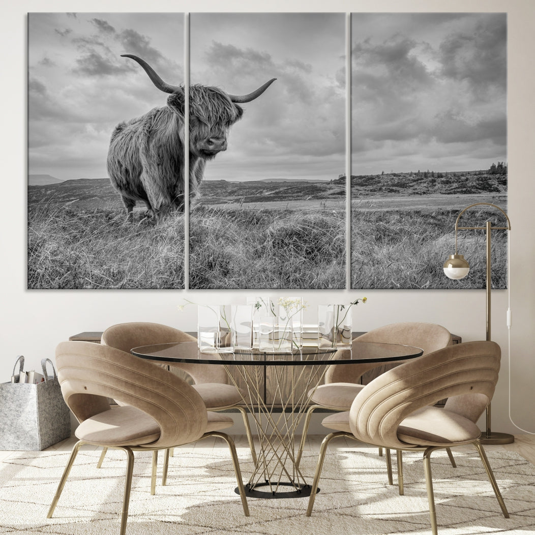 Grayscale Highland Cow Canvas Art Print Extra Large Animal Picture Print on Canvas