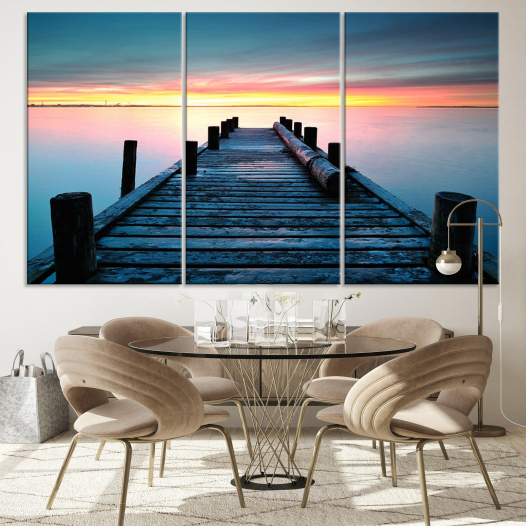 Fantastic Sunset over the Horizon Old Pier Seascape Ocean Wall Art Canvas Print