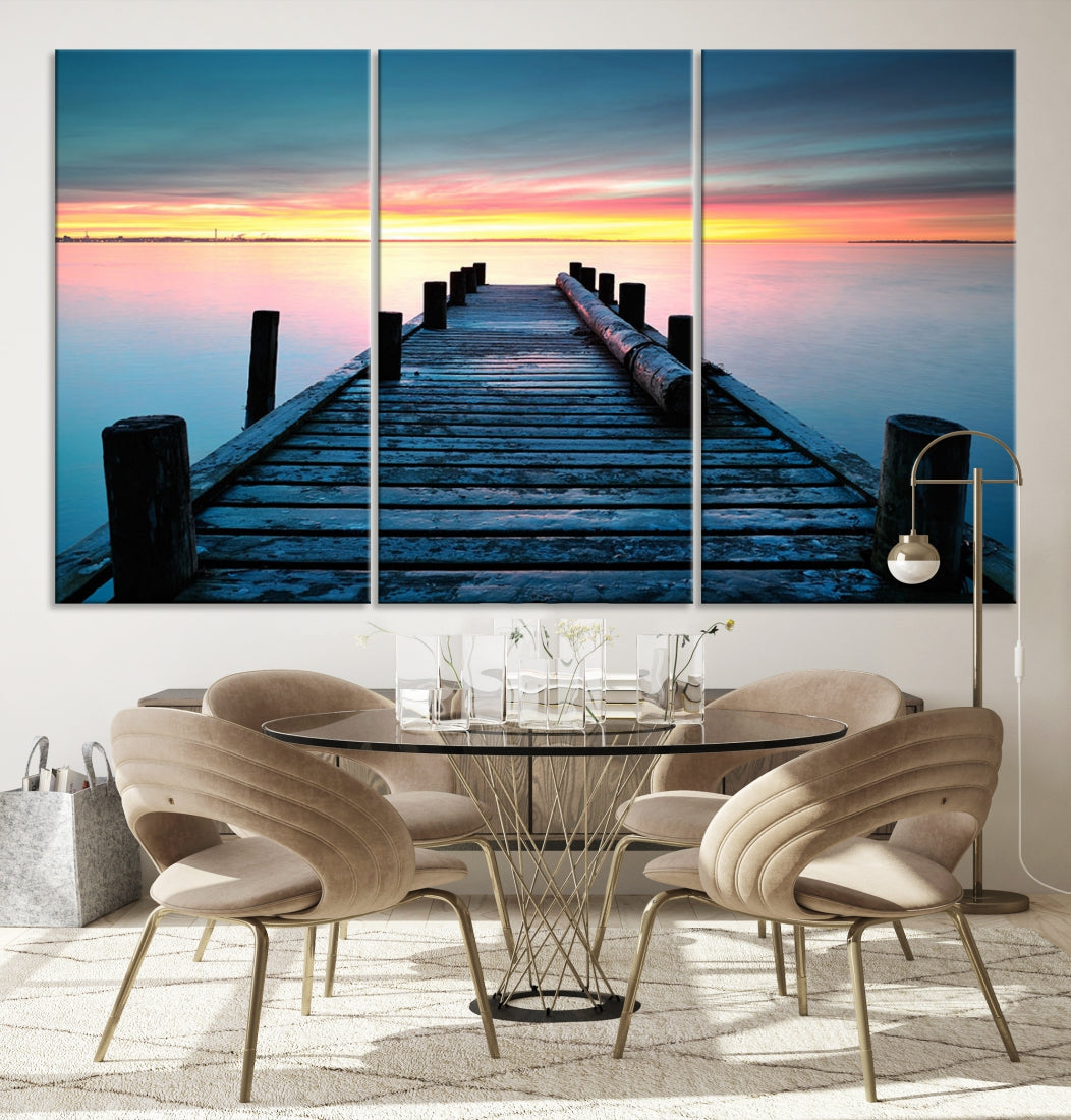 Fantastic Sunset over the Horizon Old Pier Seascape Ocean Wall Art Canvas Print