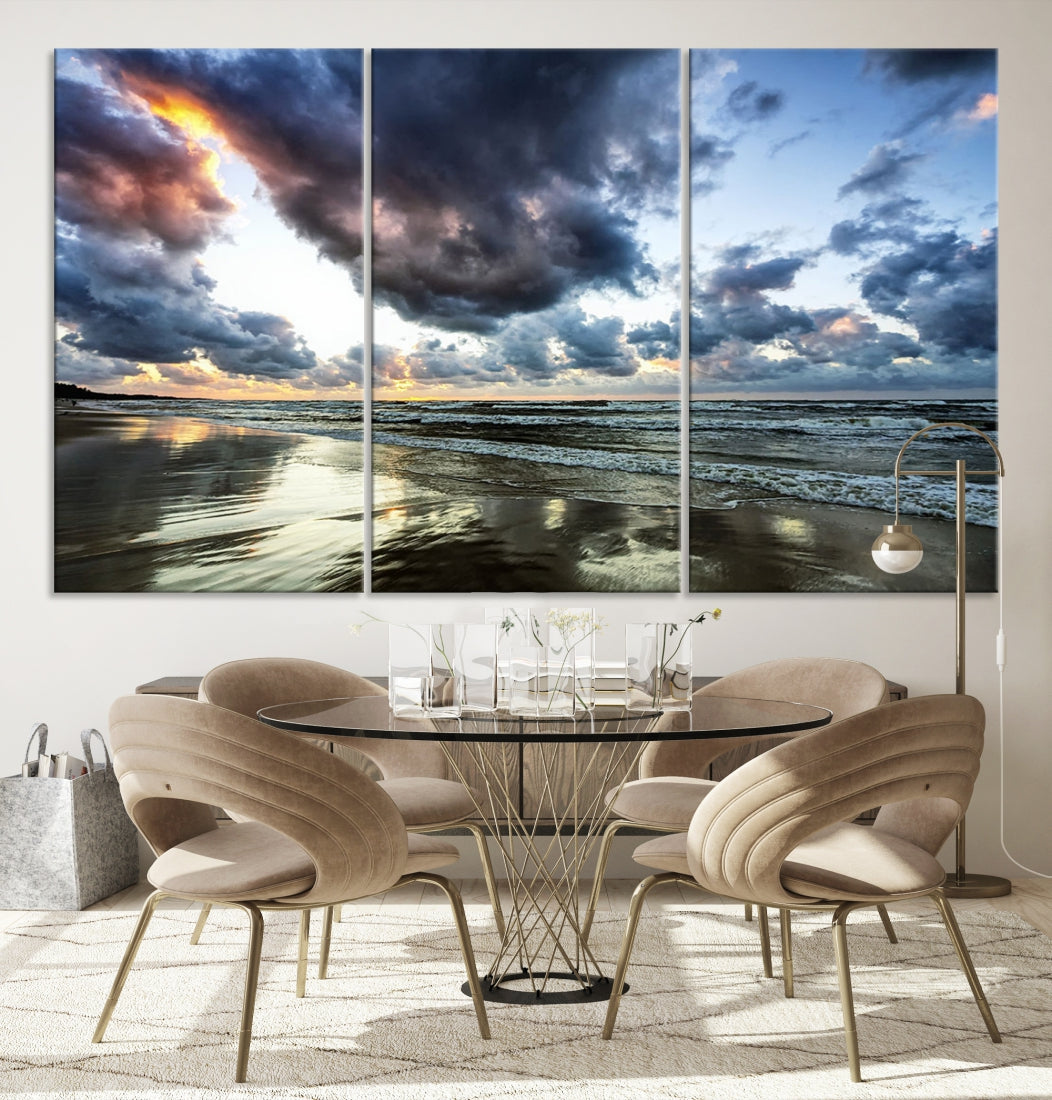 Cloudy Sky Calm Ocean Beach Nature Large Framed Canvas Art Print