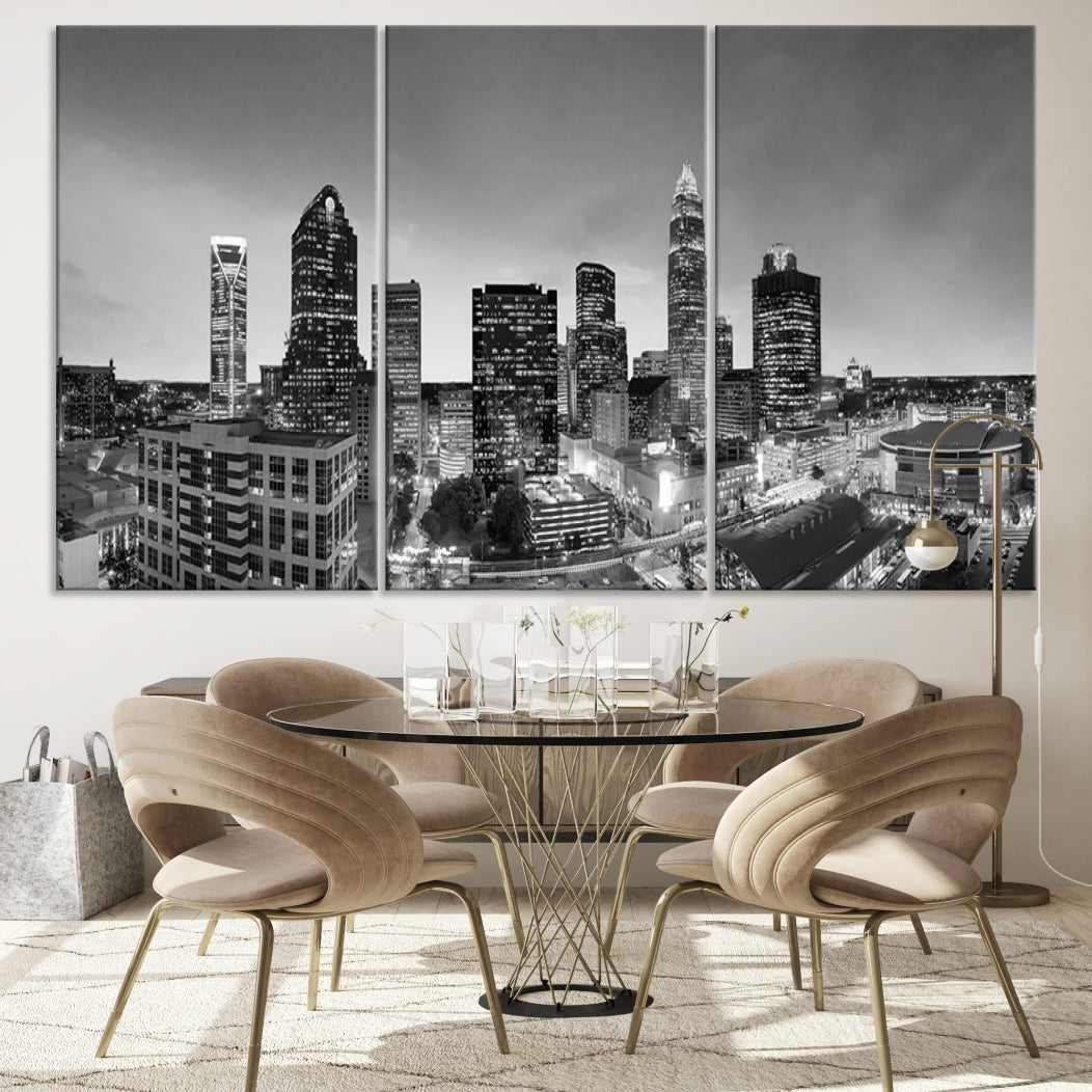 Aerial Charlotte City Skyline Wall Art Black and White Cityscape Canvas Print