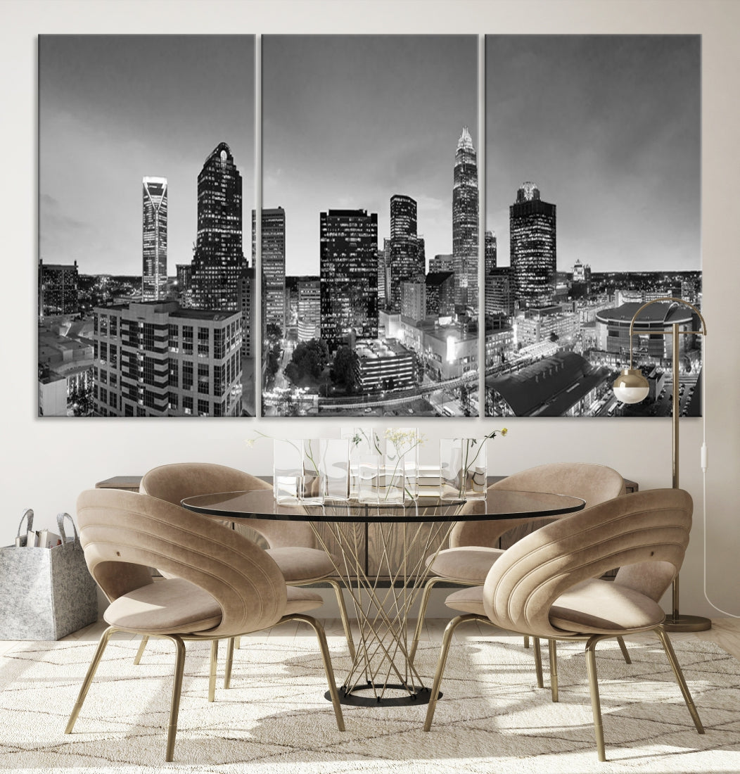 Aerial Charlotte City Skyline Wall Art Black and White Cityscape Canvas Print