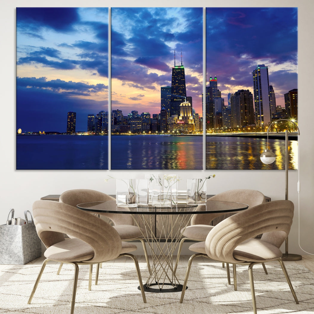 Blue Chicago Night Skyline Downtown Cityscape Large Wall Art Canvas Print