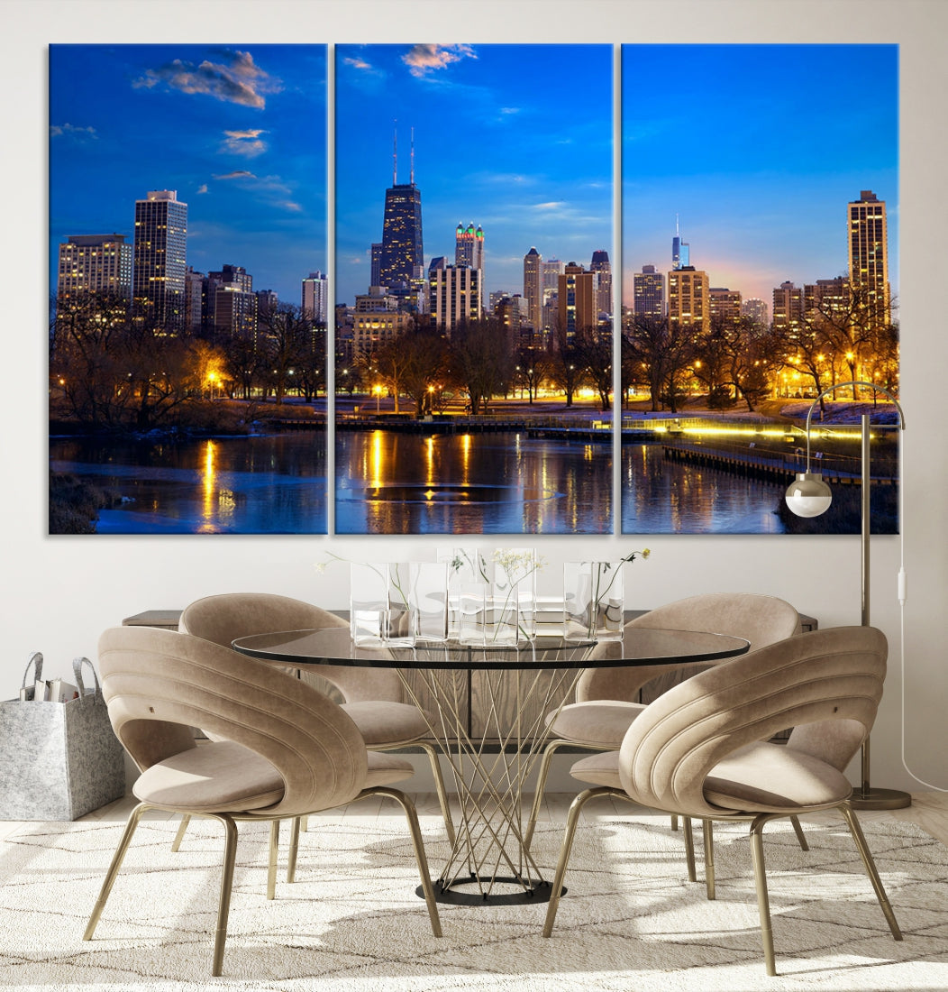 Large Chicago Skyline Wall Art Night Cityscape Canvas Print Home Decor