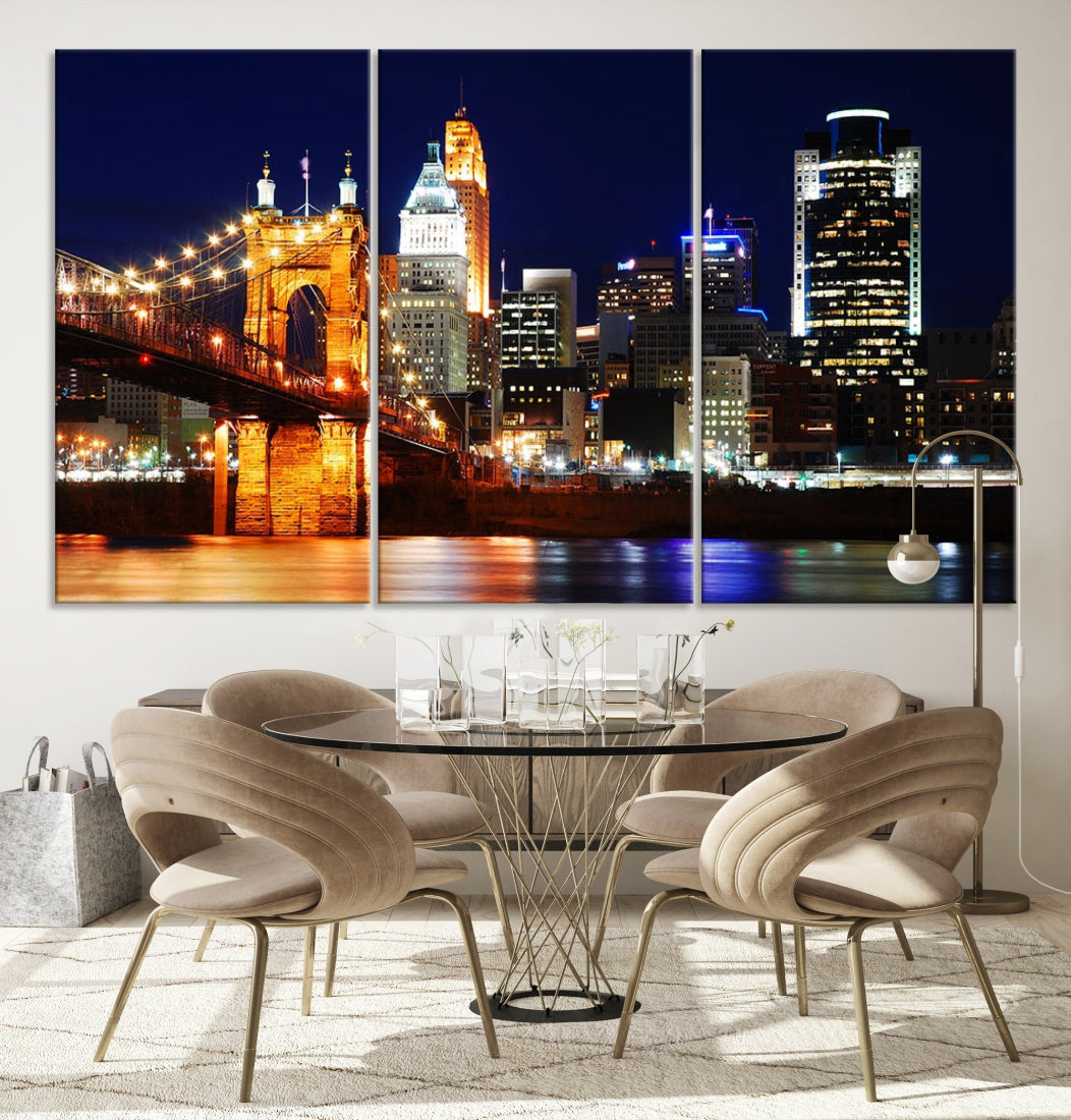 Cincinnati Bright Lights Night Skyline Canvas Wall Art Framed Print