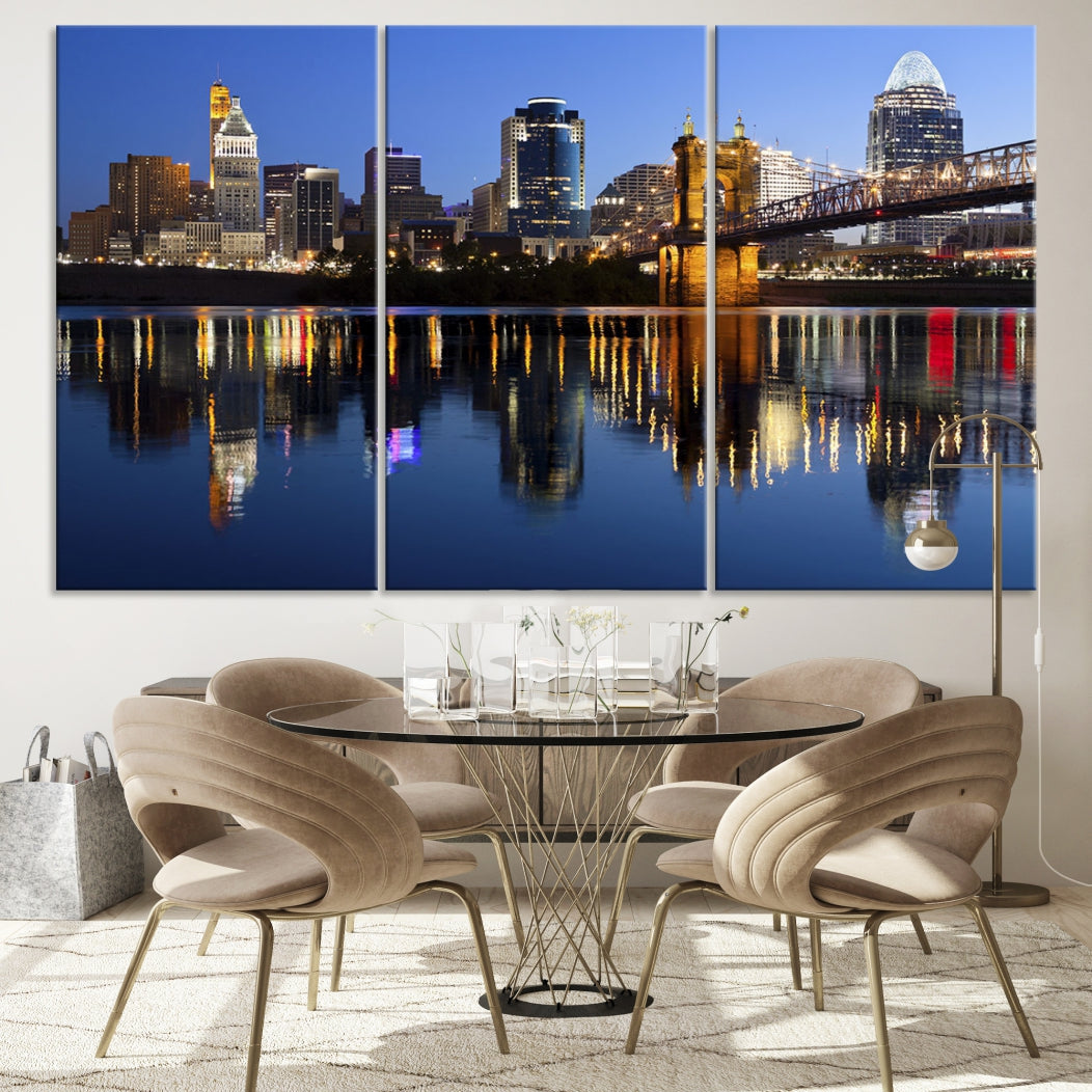 Cincinnati Night Skyline Reflections Large Cityscape Wall Art Canvas Print