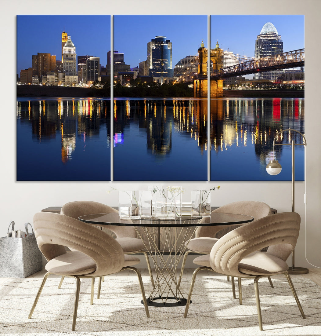 Cincinnati Night Skyline Reflections Large Cityscape Wall Art Canvas Print