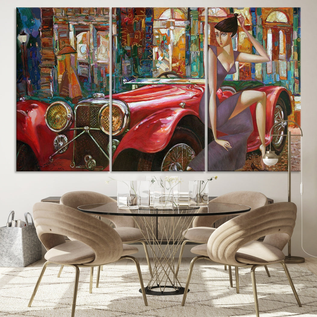 Lady With a Red Old Antique Car Jalopy Wall Art Canvas Print