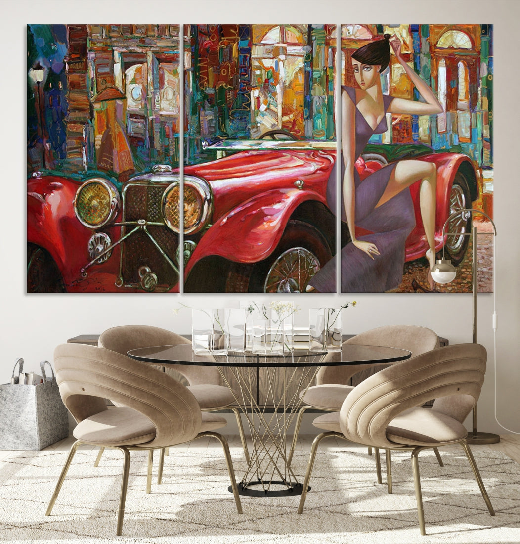 Lady With a Red Old Antique Car Jalopy Wall Art Canvas Print