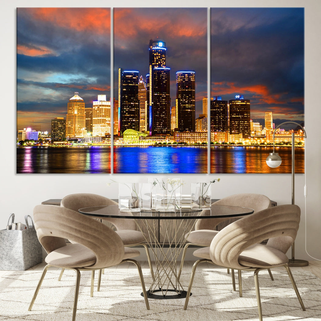 Bright Detroit Skyline Picture Print Skyline Wall Art Canvas Ready to Hang