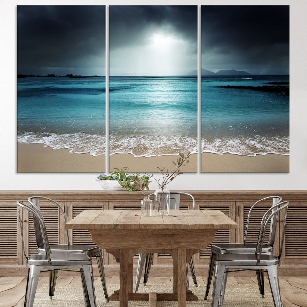 Dark Sky Bright Ocean Beach Large Wall Art Canvas Print