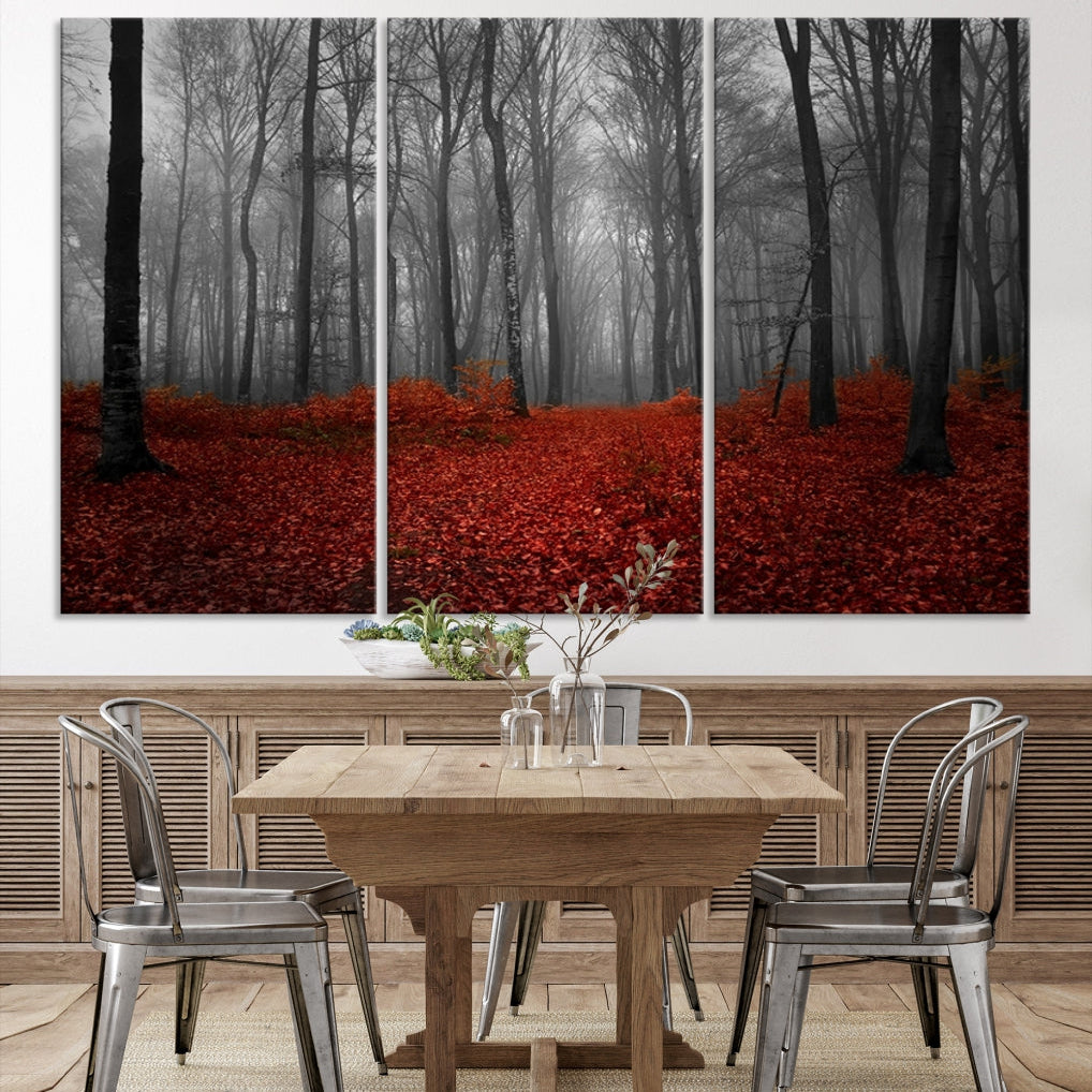 Foggy Forest with Red Leaves Autumn Landscape Giclee Canvas Extra Large Wall Art Print