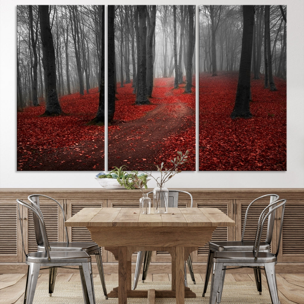 Wonderful Forest with Red Leaves on Ground Large Wall Art Landscape Canvas Print