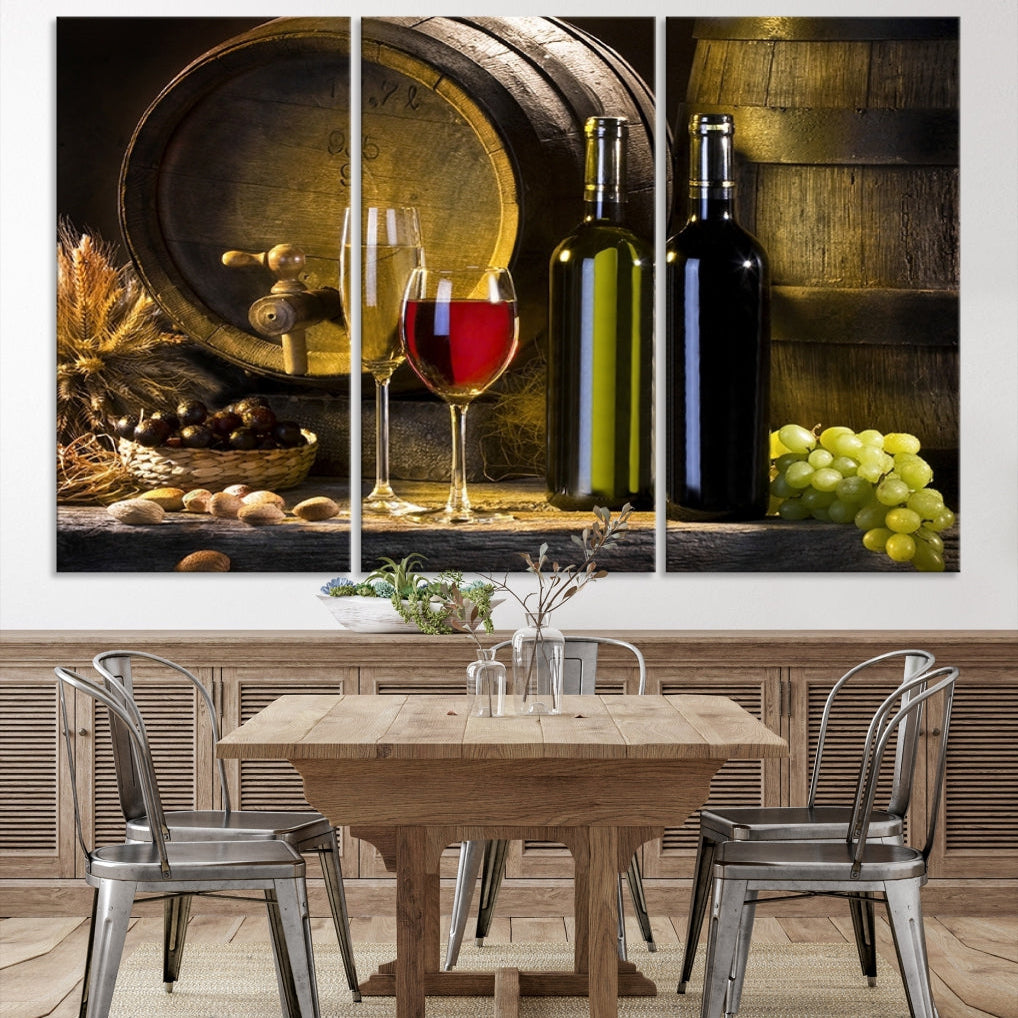 Red and White Wine with Bottles and Tun Giclee Canvas Wall Art Print