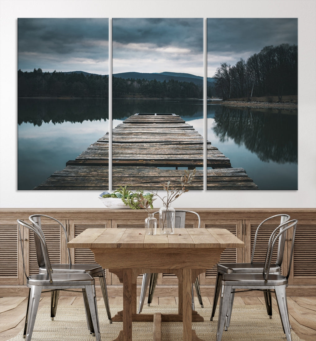 Old Wood Pier Mountain Lake Large Canvas Art Print for Wall Decor