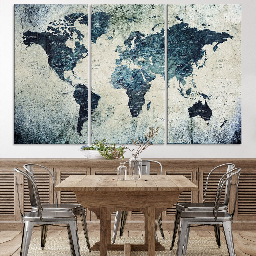 Extra Large World Map Wall Art Watercolor Painting on Canvas Print Grunge Vintage Decor