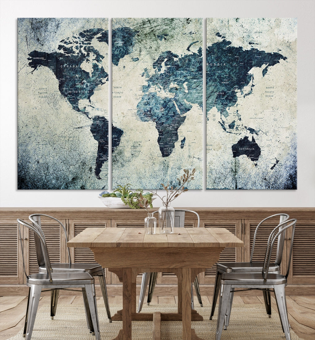 Extra Large World Map Wall Art Watercolor Painting on Canvas Print Grunge Vintage Decor