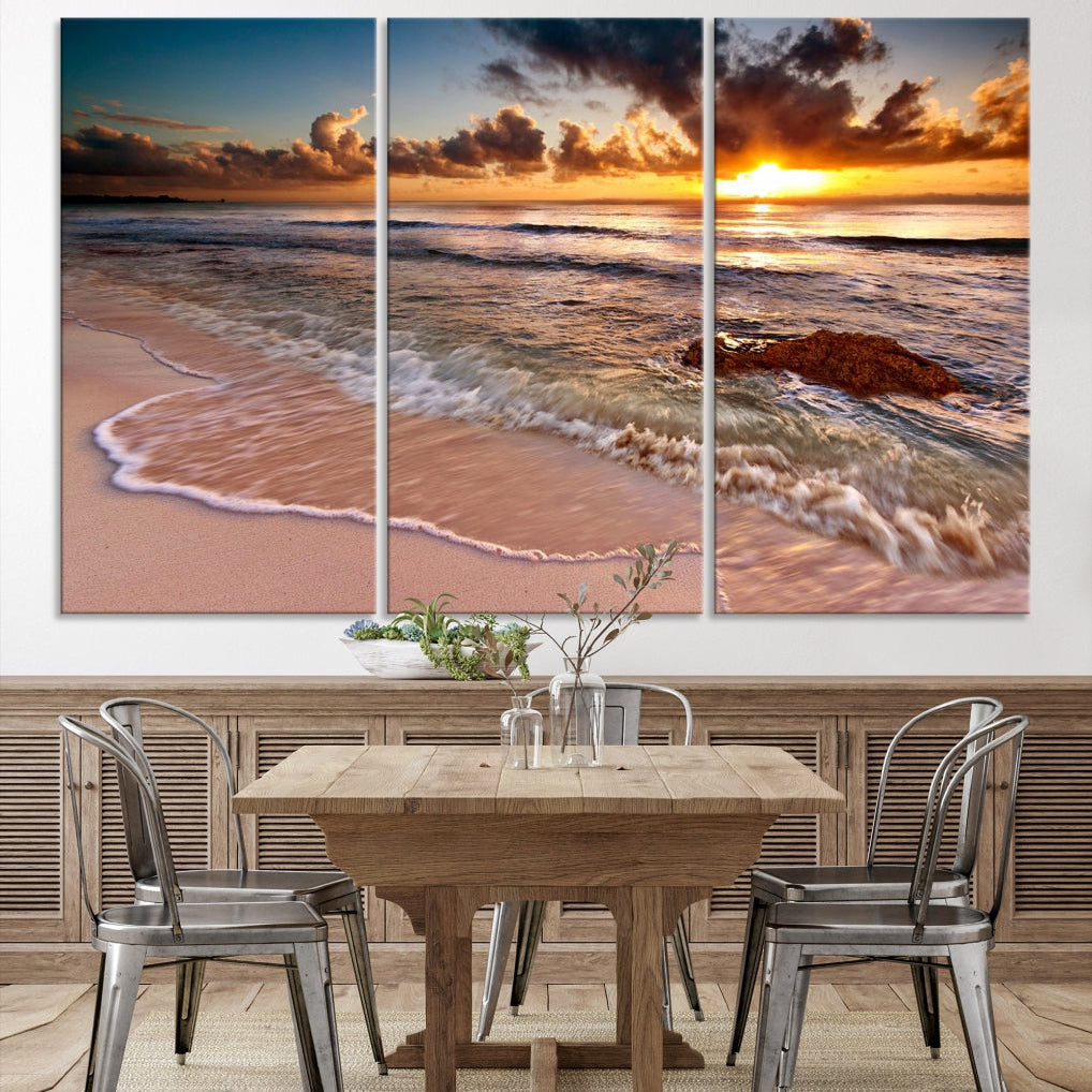 Breathtaking Sunset and Calm Beach Waves Canvas Wall Art Print