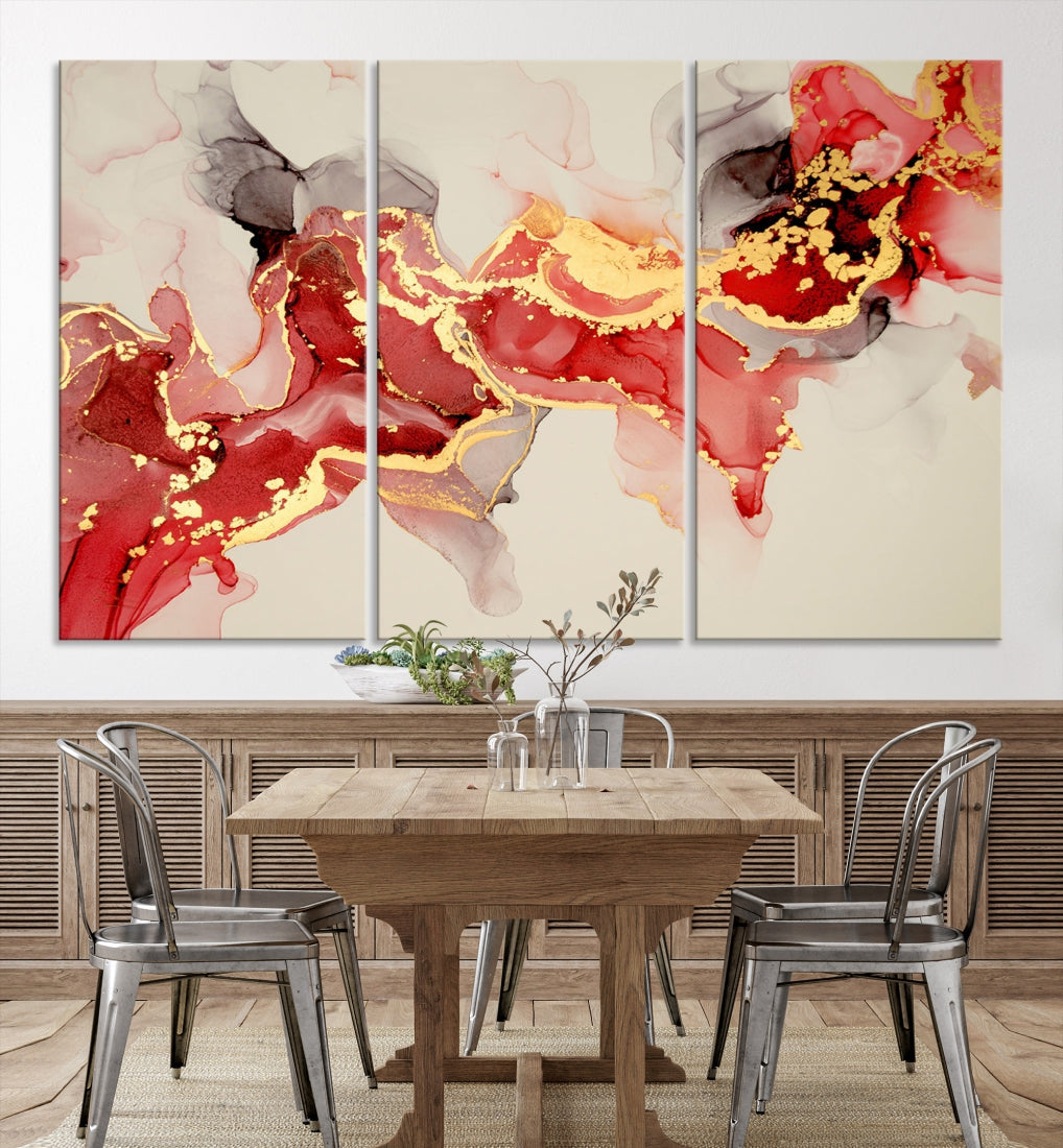 Contemporary Red Gold Abstract Painting on Canvas Print Framed Wall Decor