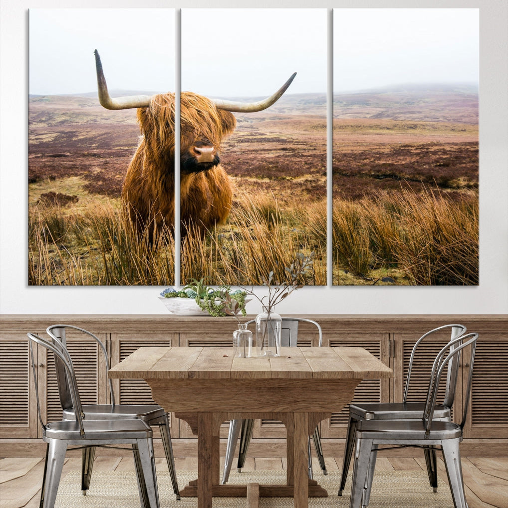 Highland Cow Canvas Wall Art Print Mountain Landscape Animal Canvas Art Home Office Decor Artwork for Living Room Framed and Stretched Ready to Hang Split Art Large Canvas Picture