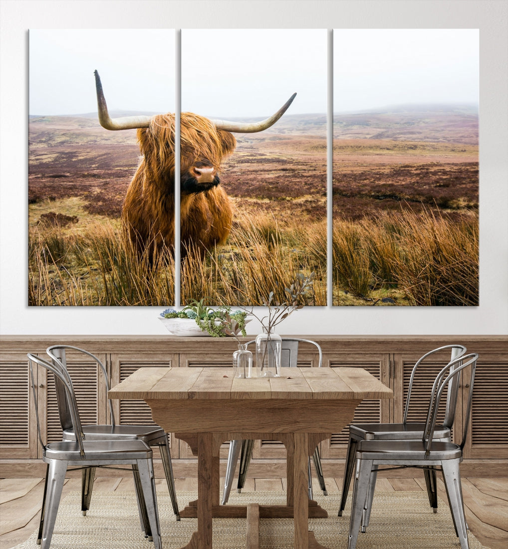 Highland Cow Canvas Wall Art Print Mountain Landscape Animal Canvas Art Home Office Decor Artwork for Living Room Framed and Stretched Ready to Hang Split Art Large Canvas Picture