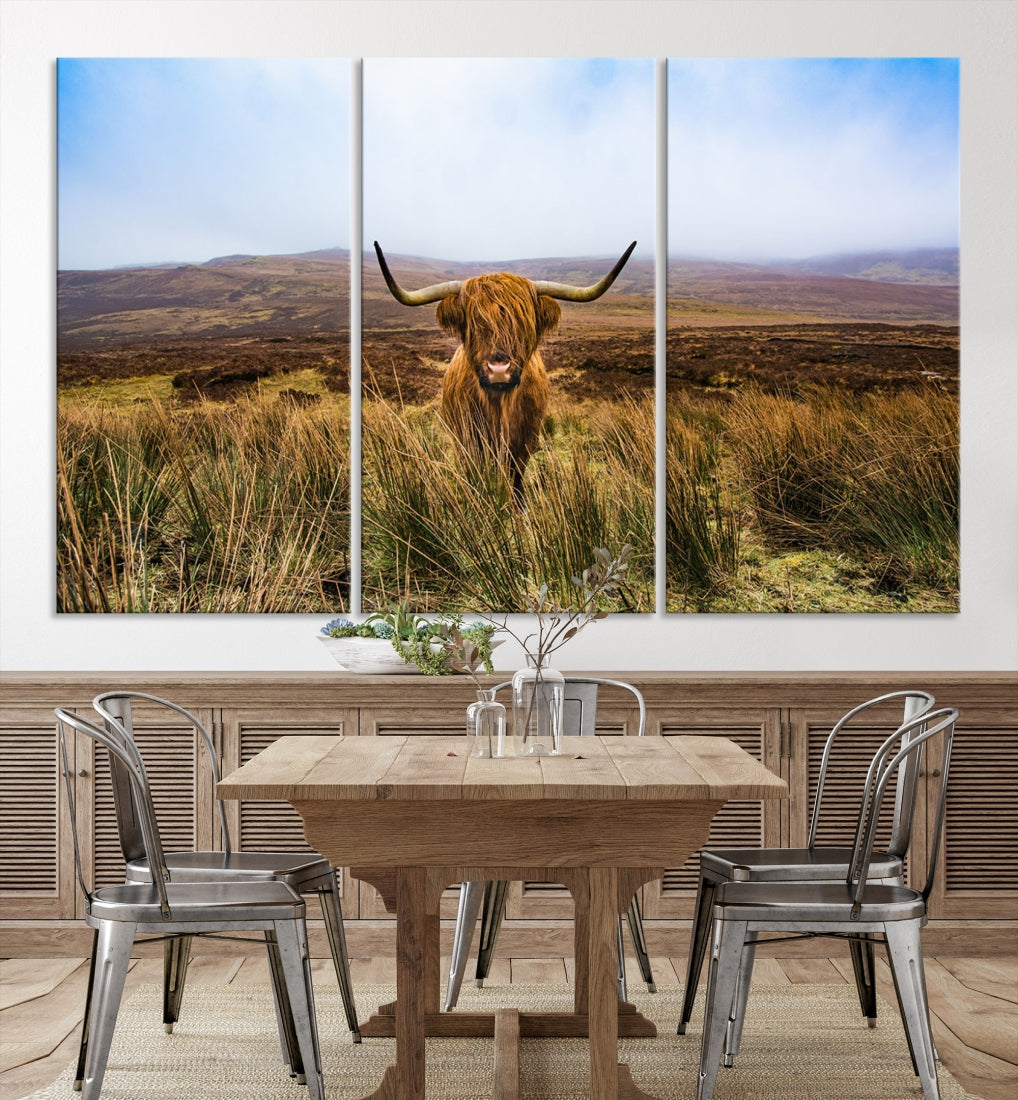 Highland Cow with Beautiful Landscape Canvas Wall Art Print Large Animal Art Print Farmhouse Ranch Farm Decor Cute Animals Cow Print Framed Ready to Hang Original Canvas Artwork