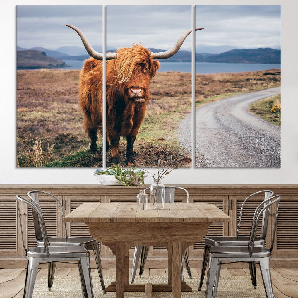 Highland Cow with Big Horn Canvas Wall Art Animal Photo Print Wall Decor