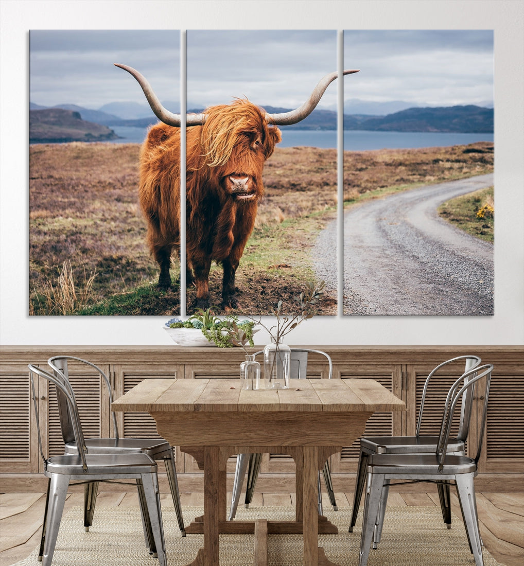 Highland Cow with Big Horn Canvas Wall Art Animal Photo Print Wall Decor