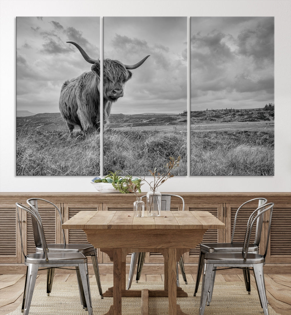 Grayscale Highland Cow Canvas Art Print Extra Large Animal Picture Print on Canvas