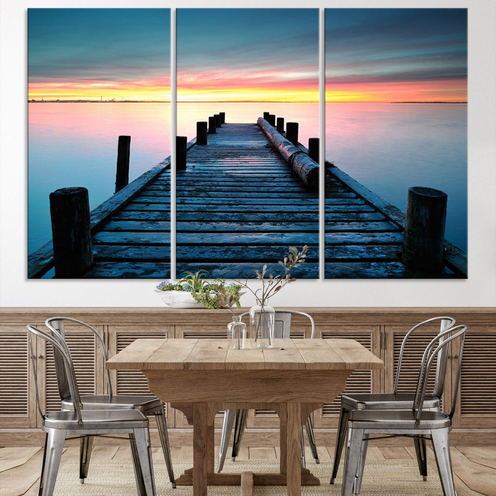 Fantastic Sunset over the Horizon Old Pier Seascape Ocean Wall Art Canvas Print