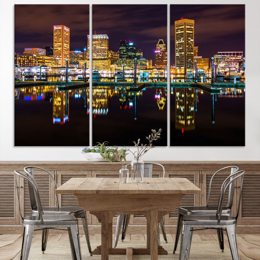 Baltimore City Night Skyline Purple Cityscape Large Wall Art Canvas Print