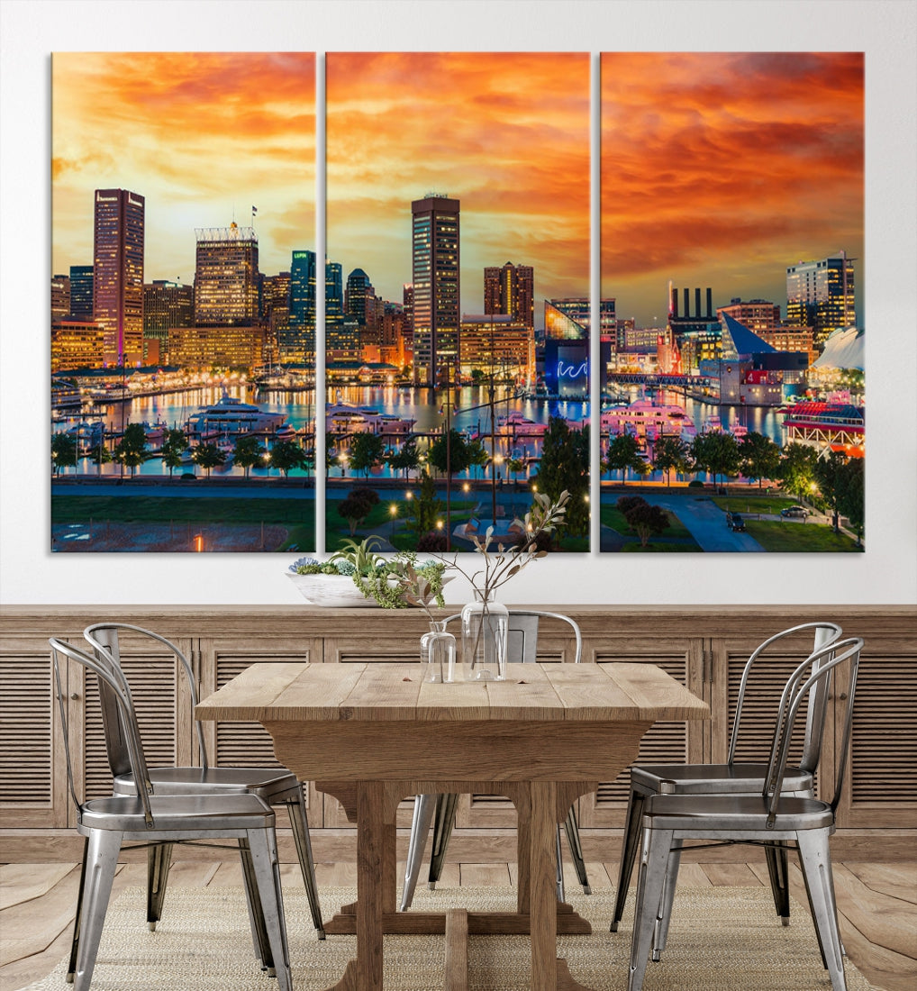 Sunset over Baltimore City Skyline Canvas Wall Art Large Cityscape Print