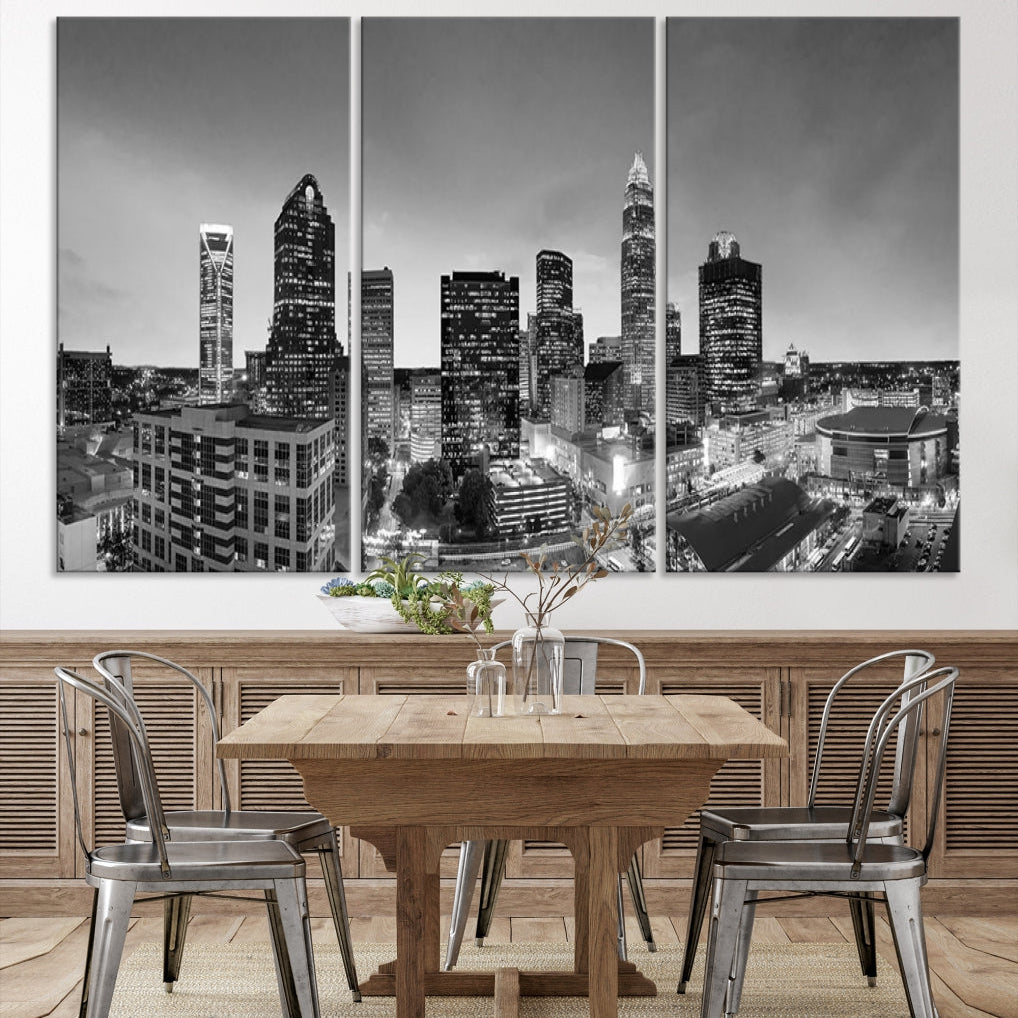 Aerial Charlotte City Skyline Wall Art Black and White Cityscape Canvas Print