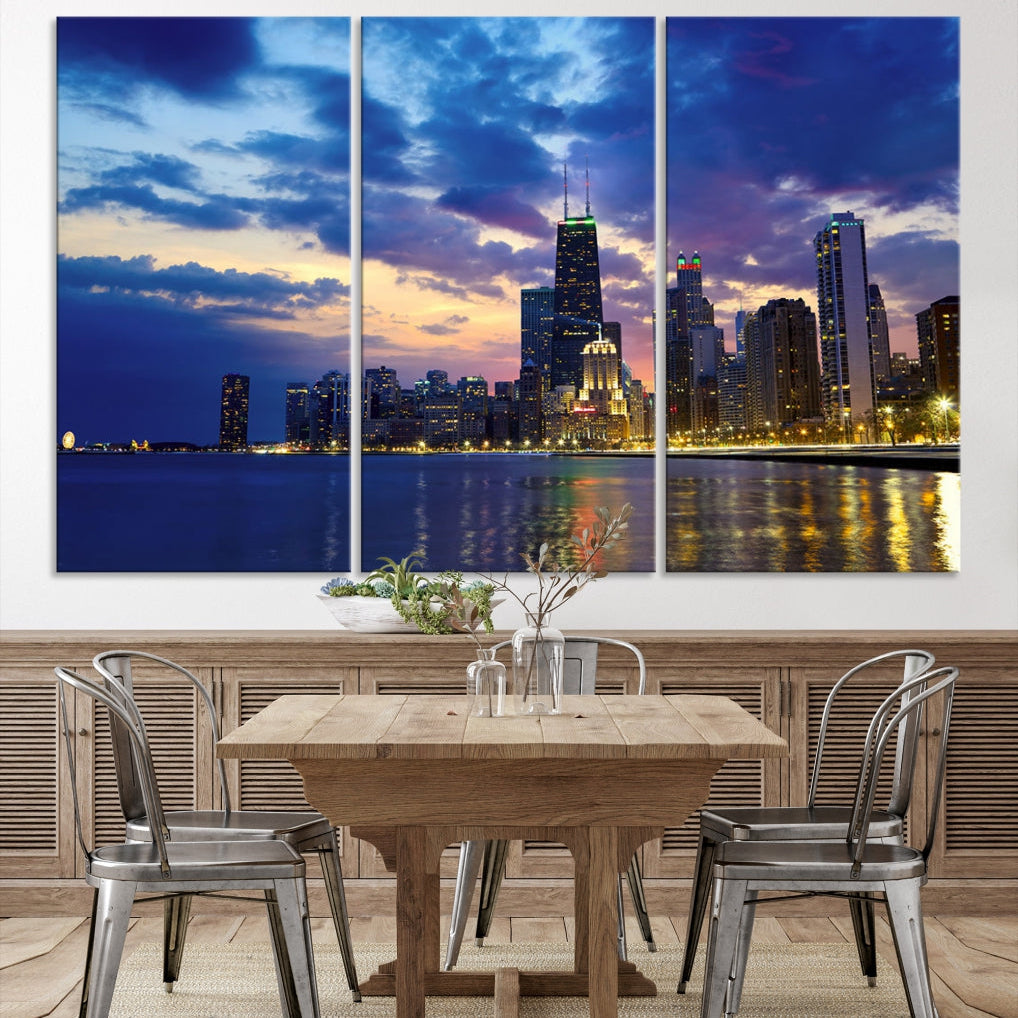 Blue Chicago Night Skyline Downtown Cityscape Large Wall Art Canvas Print