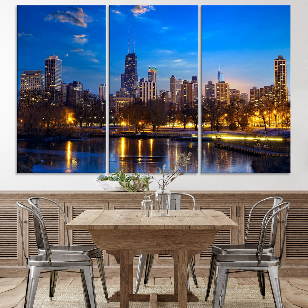 Large Chicago Skyline Wall Art Night Cityscape Canvas Print Home Decor