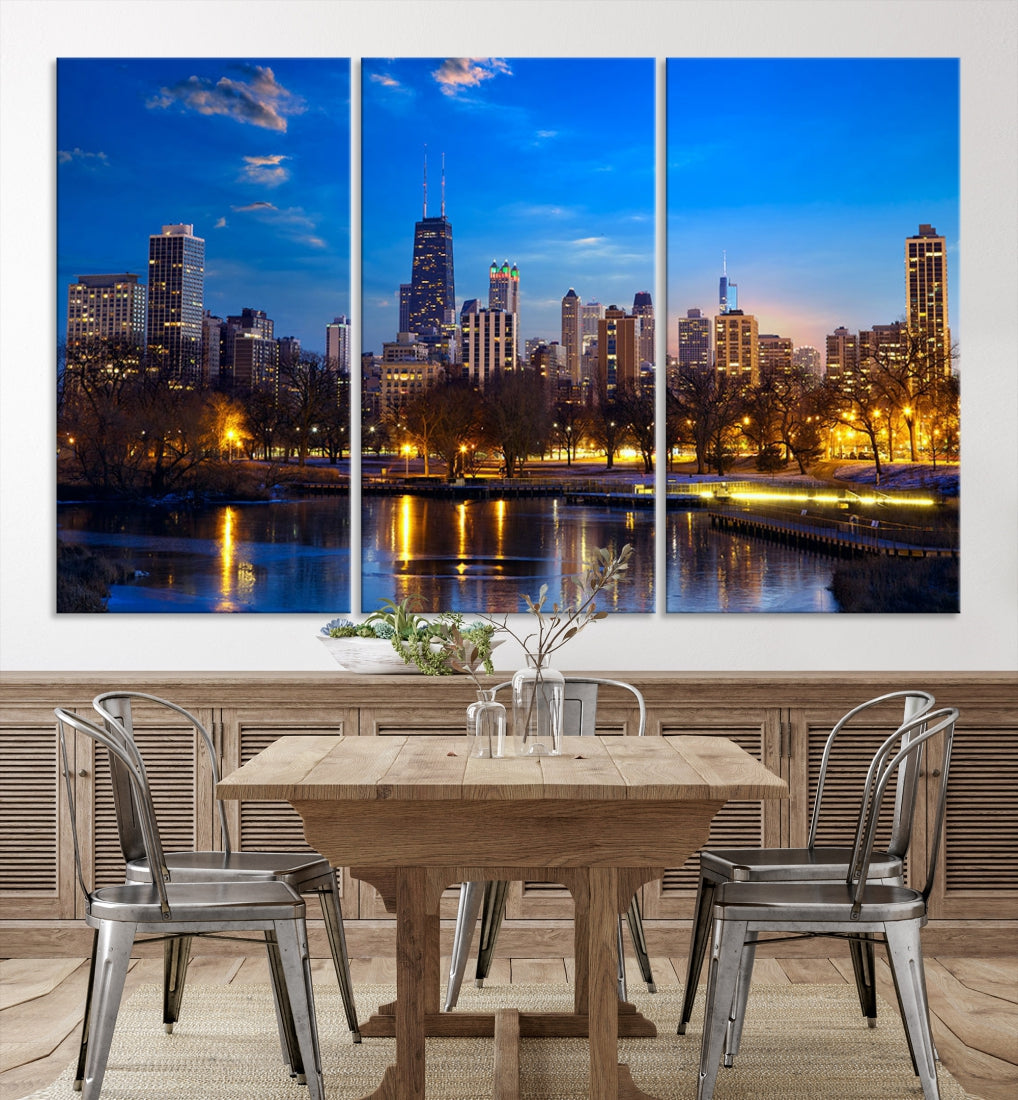 Large Chicago Skyline Wall Art Night Cityscape Canvas Print Home Decor