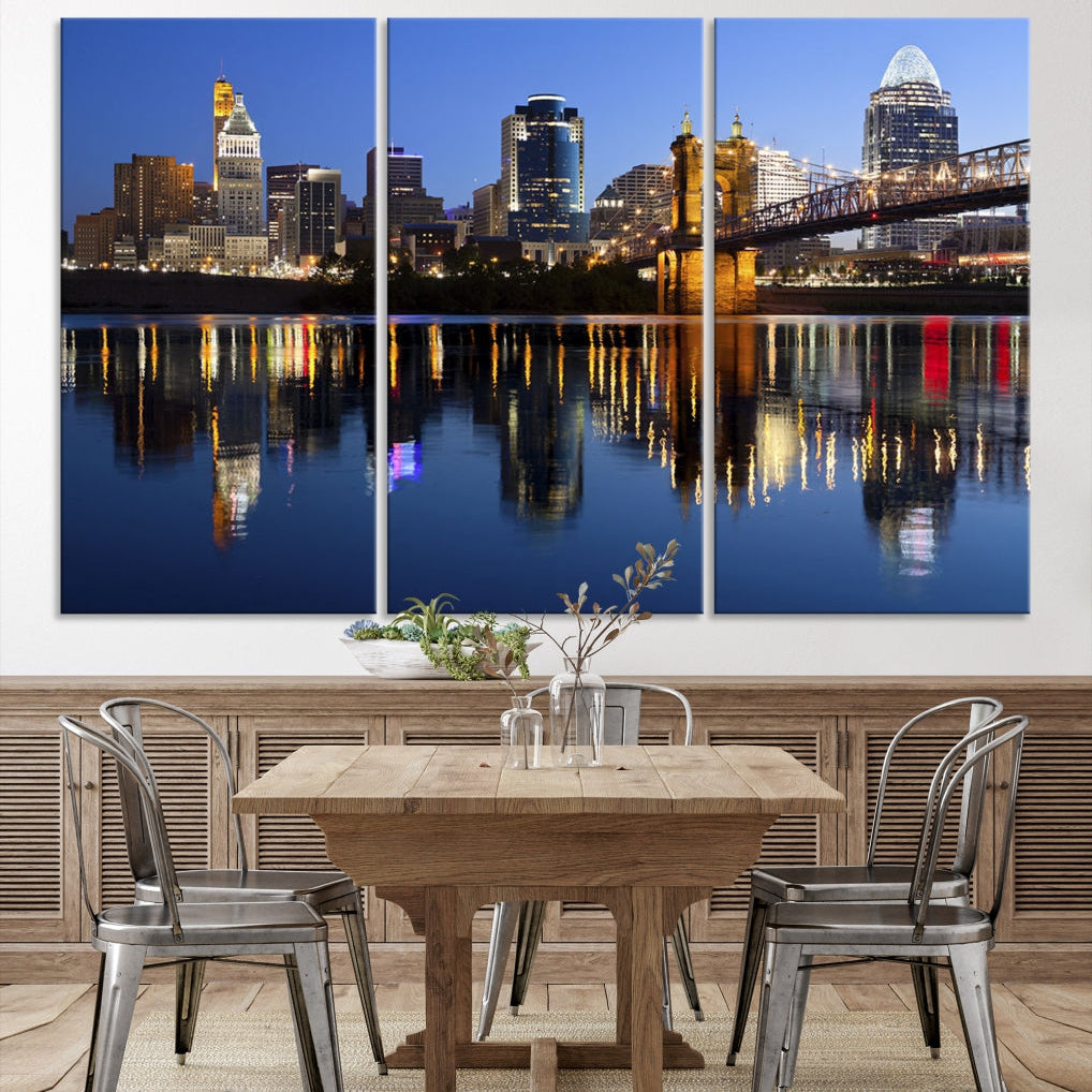 Cincinnati Night Skyline Reflections Large Cityscape Wall Art Canvas Print