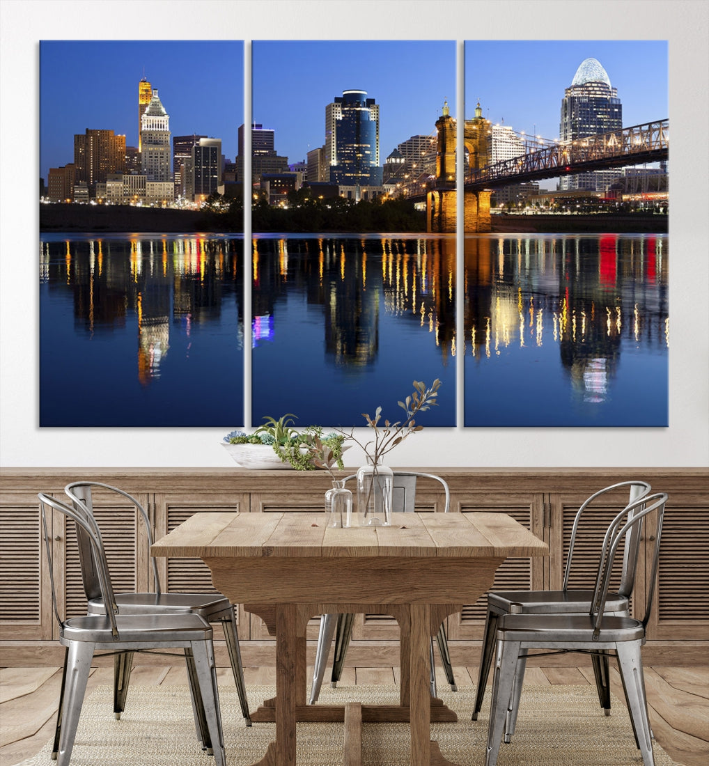 Cincinnati Night Skyline Reflections Large Cityscape Wall Art Canvas Print