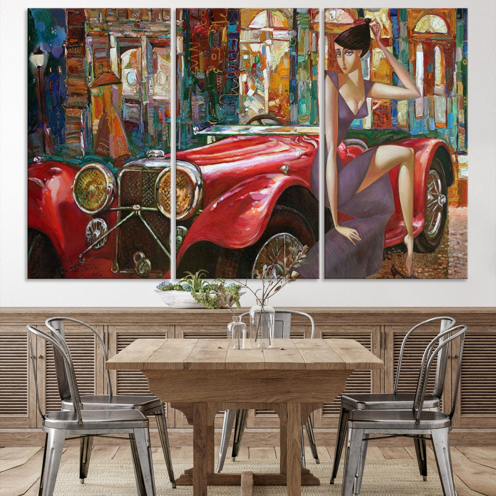 Lady With a Red Old Antique Car Jalopy Wall Art Canvas Print