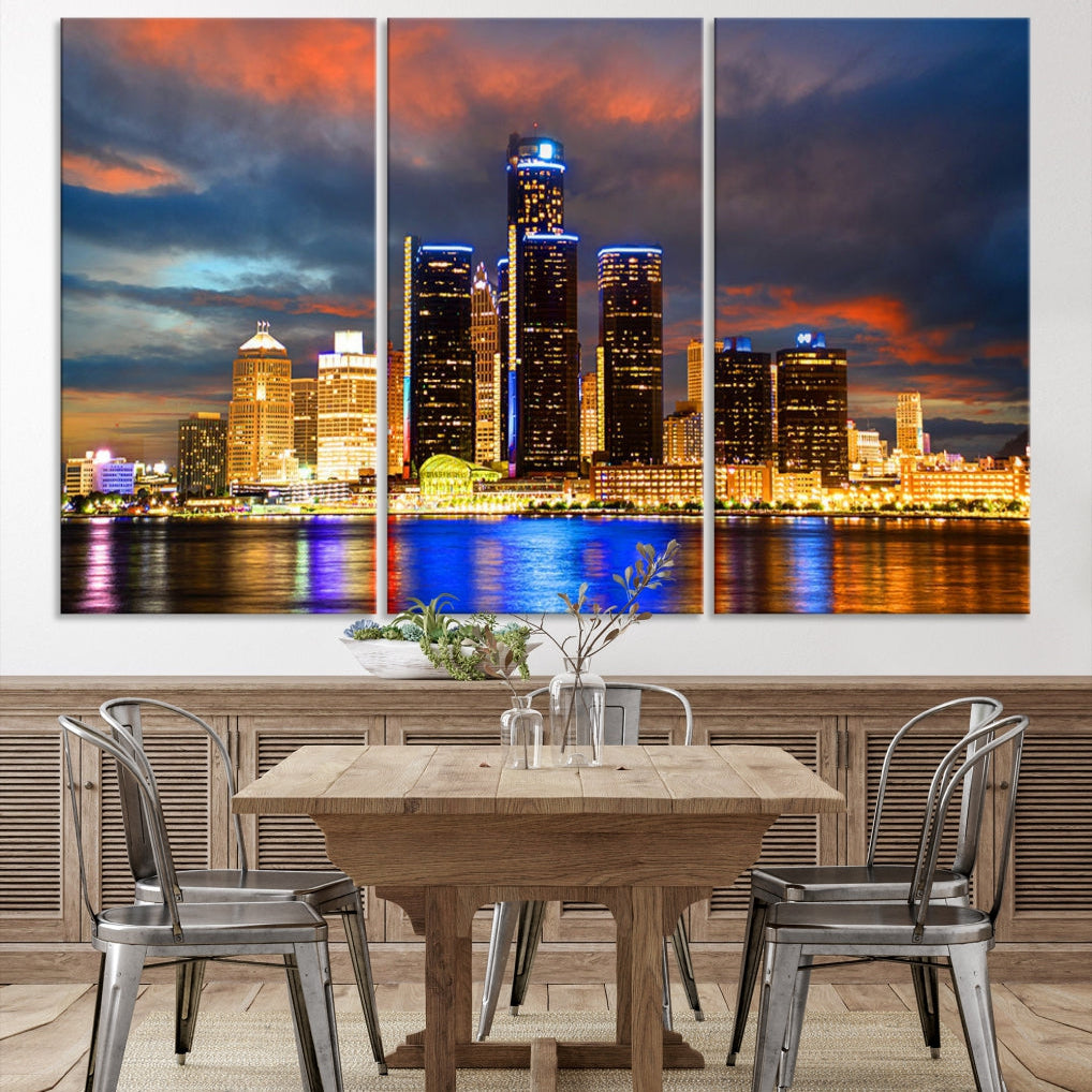 Bright Detroit Skyline Picture Print Skyline Wall Art Canvas Ready to Hang