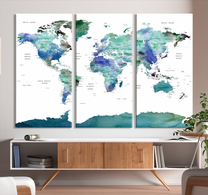 Vivid Colored World Map Push Pin Travel Map Canvas Wall Art Giclee Print