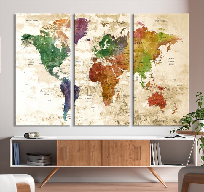 Push Pin World Map Canvas Print with Brownish Background Extra Large Framed Map Poster