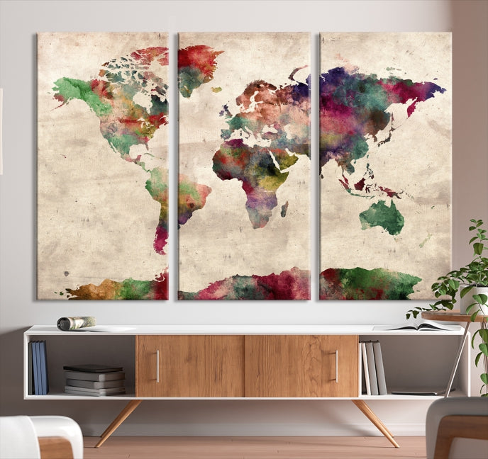 Colorful Watercolor World Map Framed Canvas Wall Art Giclee Print