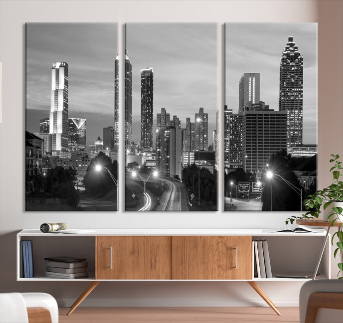 Atlanta City Cloudy Skyline Black and White Cityscape Canvas Print