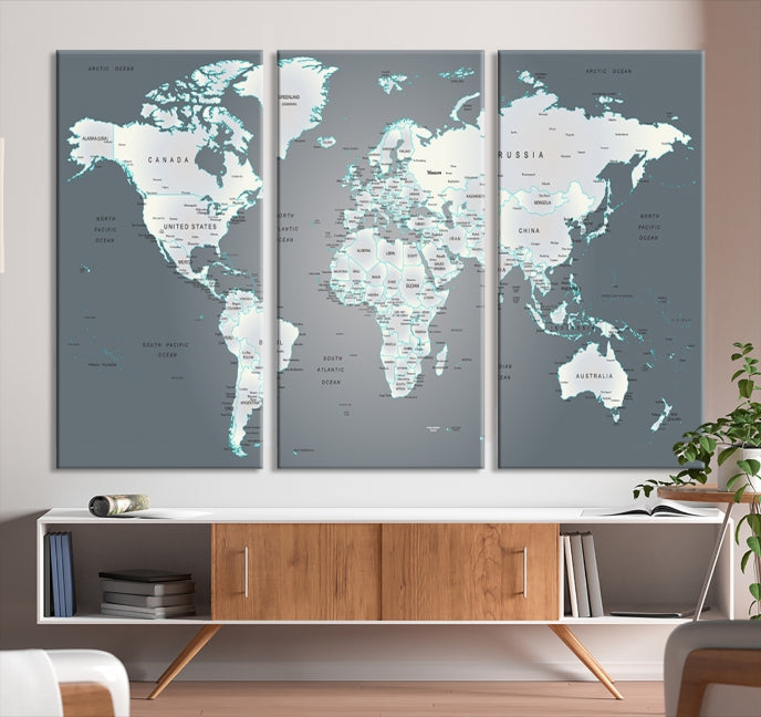 Gray World Map Push Pin Travel Map Canvas Wall Art Giclee Print